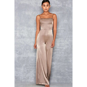 Mistress Rocks Serve It Jumpsuit Satin Sleeveless Wide Leg Khaki Size Small NEW